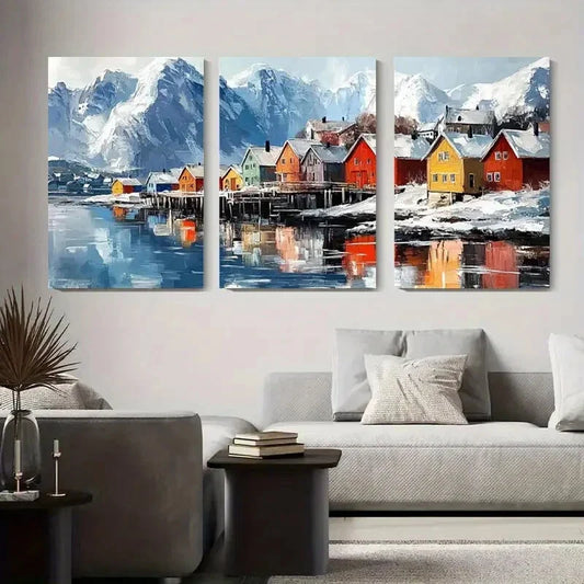 3pcs Colorful Nordic Village Winter Landscape Metal Print Ready to Hang Art