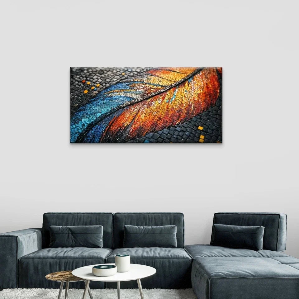 Feathers Mosaic Tiles Abstract Wall Art Canvas Office Home Room Framed 120x60cm