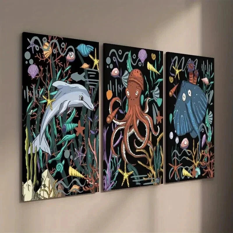 3pcs Dolphin Octopus Stingray Underwater Wall Art Set Canvas Framed 40x60cm - High Quality Print 100% Australian Made Wall Canvas Ready to Hang