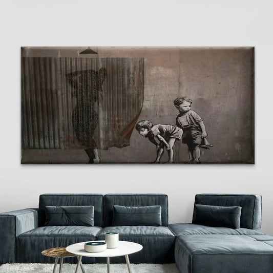 Curious Children Peeking Wall Art Canvas Office Home Room Framed 80x45cm