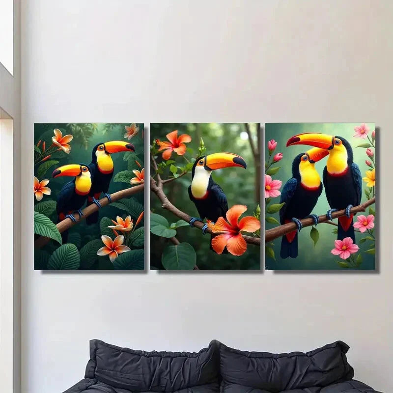 3pcs Vibrant Tropical Toucan and Flower Metal Print Ready to Hang Art