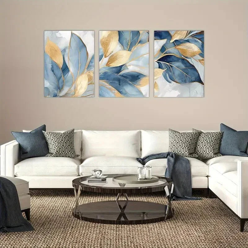 3pcs Blue and Golden Leaf Floral Metal Print Ready to Hang Art