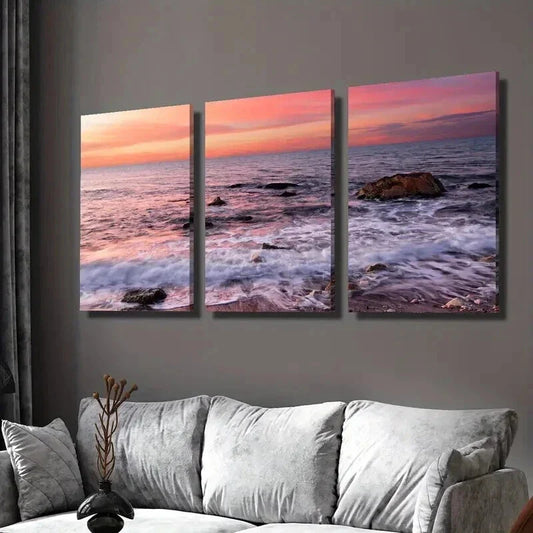 3pcs Sunset And Colorful Glow on The Sea Wall Art Set Canvas Framed 40x60cm - High Quality Print 100% Australian Made Wall Canvas Ready to Hang