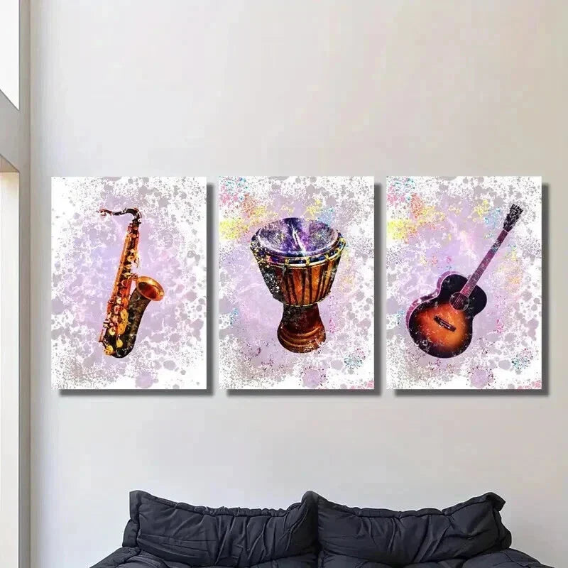 3pcs Saxophone Bass Drum Guitar Instrument Wall Art Set Canvas Framed 40x60cm - High Quality Print 100% Australian Made Wall Canvas Ready to Hang