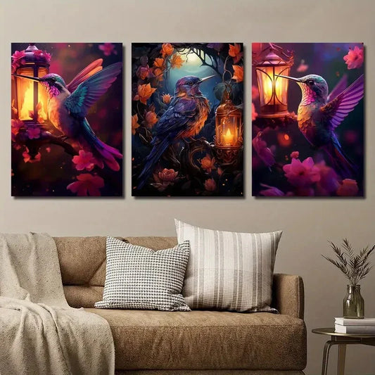 3pcs Hummingbird Lights Dark Floral and bird Metal Print Ready to Hang Art