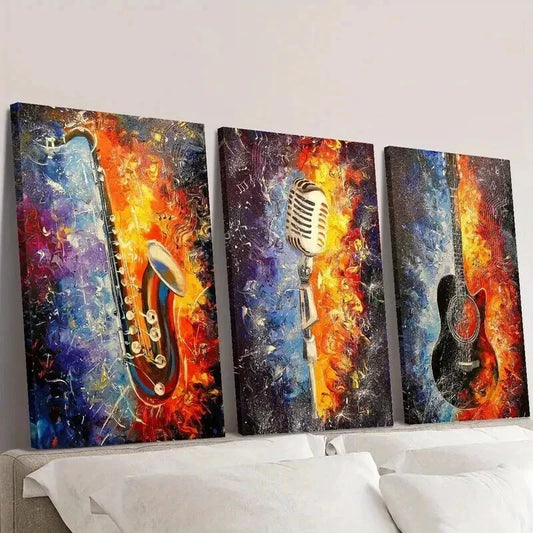 3pcs Colorful Saxophone Guitar Microphone Wall Art Set Canvas Framed 40x60cm - High Quality Print 100% Australian Made Wall Canvas Ready to Hang