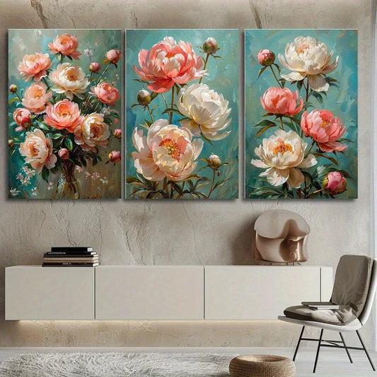 3pcs Peony Flower Decoration Modern Metal Print Ready to Hang Art