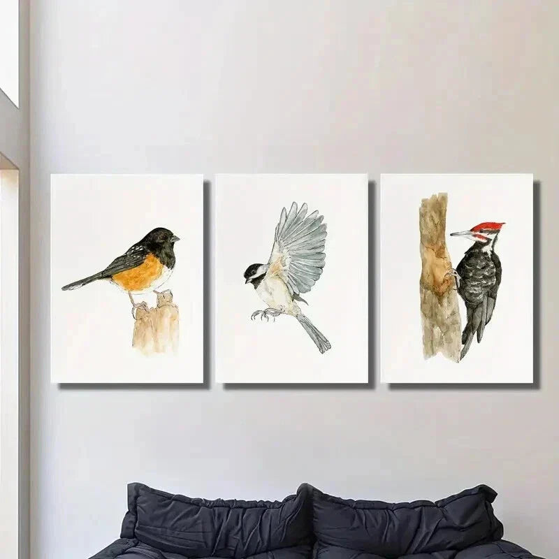 3pcs Thrush Carolina Chickadee Woodpecker Wall Art Set Canvas Framed 40x60cm - High Quality Print 100% Australian Made Wall Canvas Ready to Hang