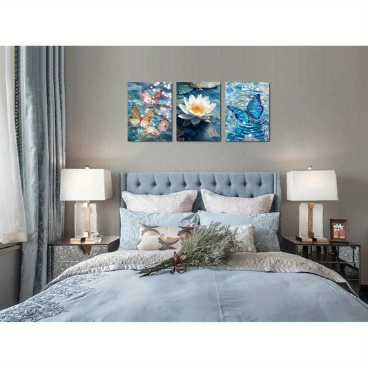 3pcs White Flower Pond Lake Painting Modern Metal Print Ready to Hang Art