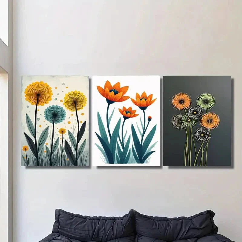 3pcs Modern Floral Vibrant Yellow, Orange & Teal Metal Print Ready to Hang Art