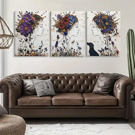 3pcs Women with Flower Crowns and Dog Perfect Wall Art Set Canvas Framed 40x60cm - High Quality Print 100% Australian Made Wall Canvas Ready to Hang