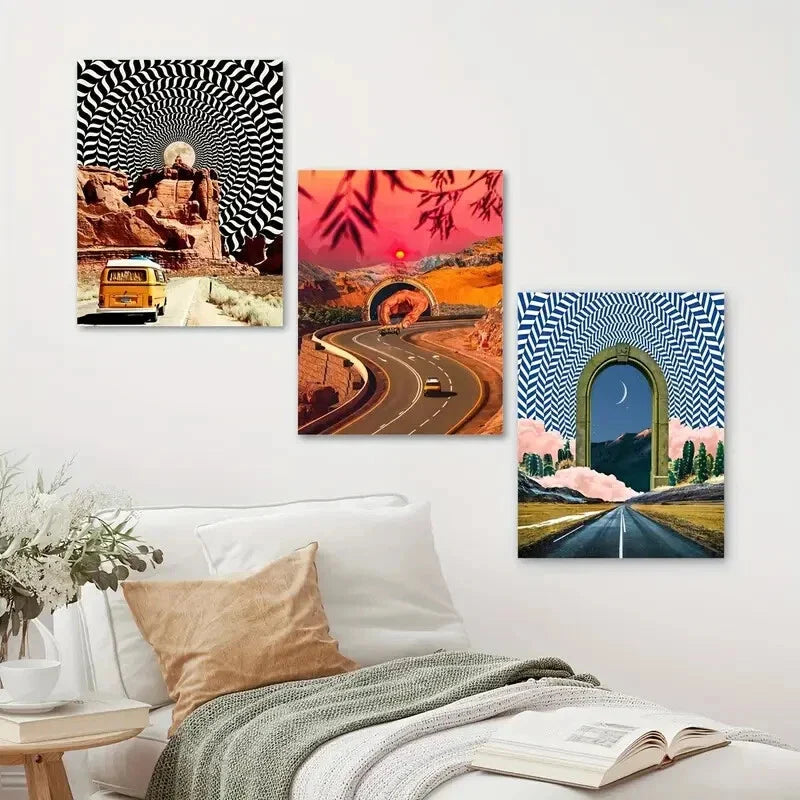 3pcs Modern Surreal Vehicle Road Trip Deco Wall Art Set Canvas Framed 40x60cm - High Quality Print 100% Australian Made Wall Canvas Ready to Hang