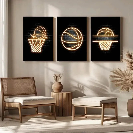 3pcs Neon basketball Nordic style sports Metal Print Ready to Hang Art