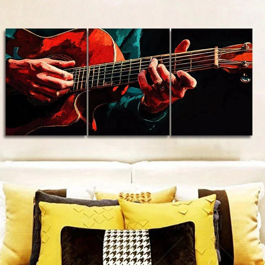 3pcs Man Playing Abstract Brown Guitar Metal Print Ready to Hang Art
