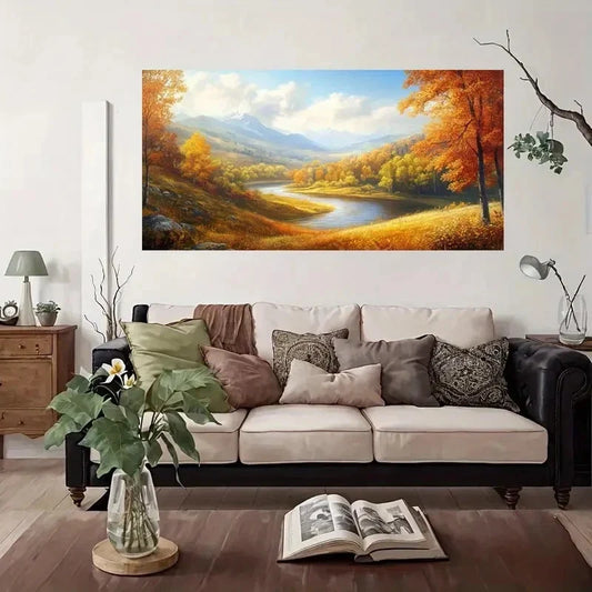 Autumn Landscape River Wall Art Canvas Office Home Room Framed 80x45cm