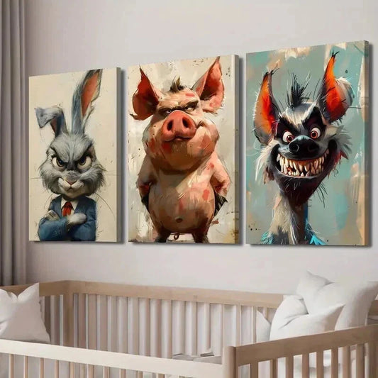3pcs Bunny in Suit Whimsical Hyena and Pig Wall Art Set Canvas Framed 40x60cm - High Quality Print 100% Australian Made Wall Canvas Ready to Hang