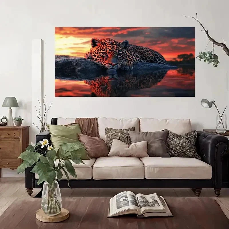 Leopard Sunset Reflection Wall Art Canvas Office Home Room Framed 120x60cm