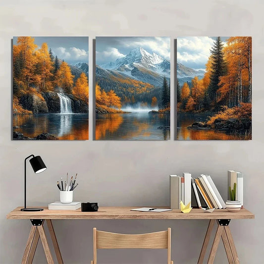 3pcs Mountain Nature Serene Waterfall Snow Capped Metal Print Ready to Hang Art