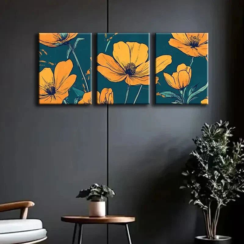 3pcs Orange Floral Colorful Pattern Perfect Wall Art Set Canvas Framed 40x60cm - High Quality Print 100% Australian Made Wall Canvas Ready to Hang