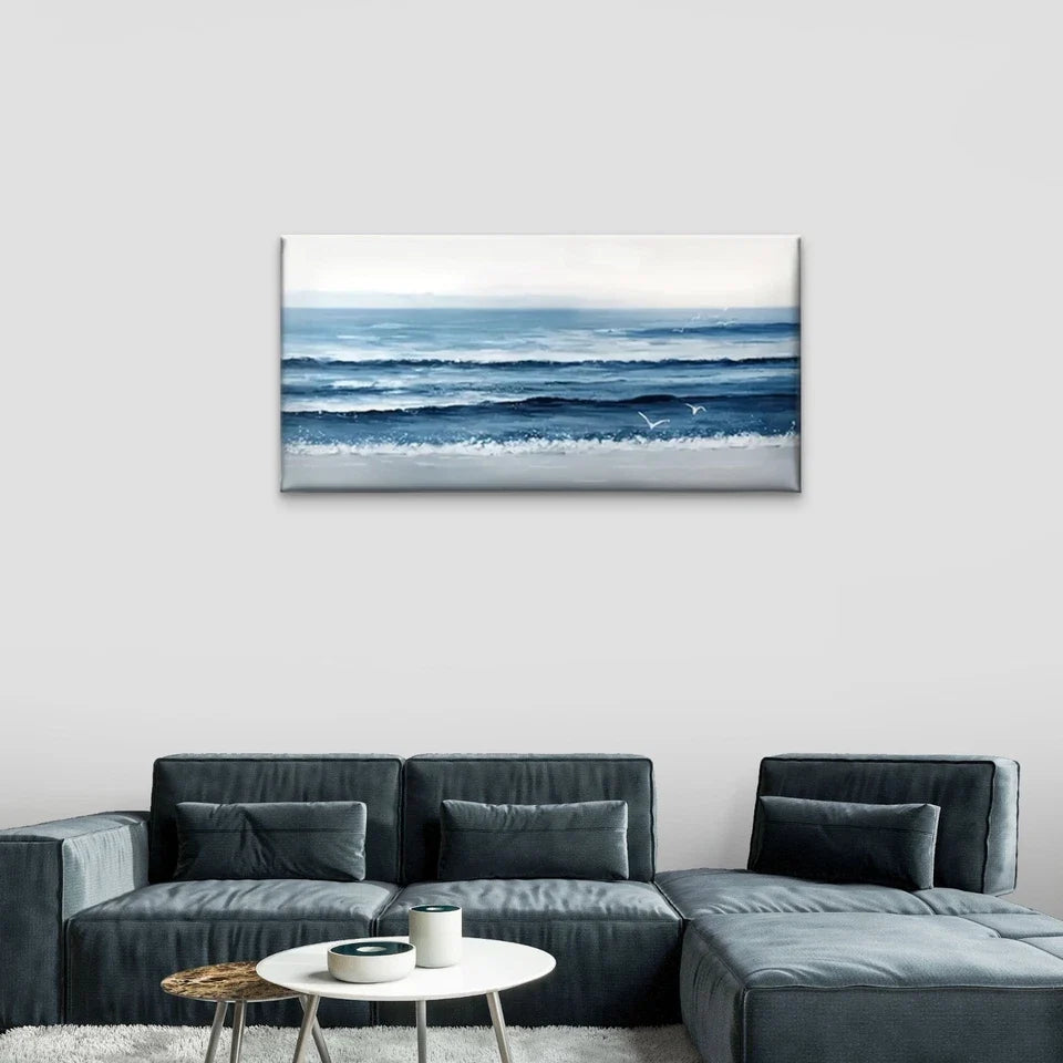 Beach Scene Blue Wave Wall Art Canvas Office Home Room Framed 80x45cm