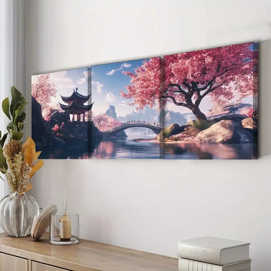 3pcs Cherry Blossom River Landscape Luxurious Wall Art Set Canvas Framed 40x60cm - High Quality Print 100% Australian Made Wall Canvas Ready to Hang