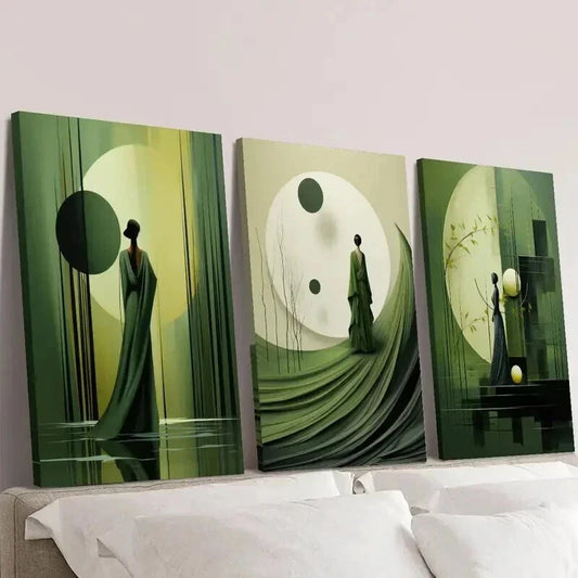 3pcs Abstract Olive Green & a Women Wall Art Set Canvas Framed 40x60cm - High Quality Print 100% Australian Made Wall Canvas Ready to Hang
