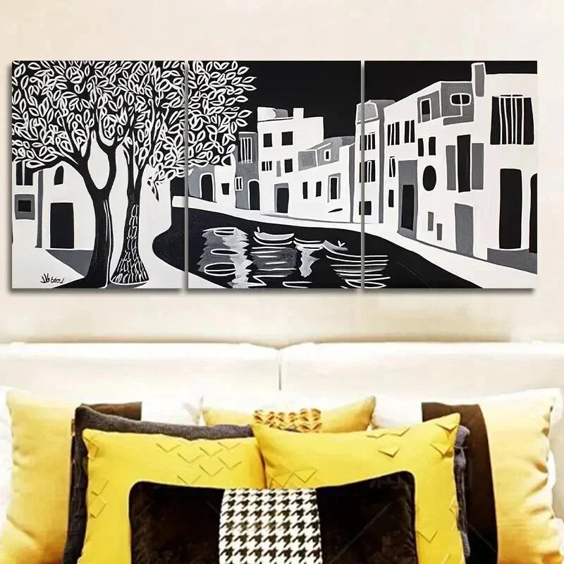 3pcs Black and White Ancient City Canal Wall Art Set Canvas Framed 40x60cm - High Quality Print 100% Australian Made Wall Canvas Ready to Hang
