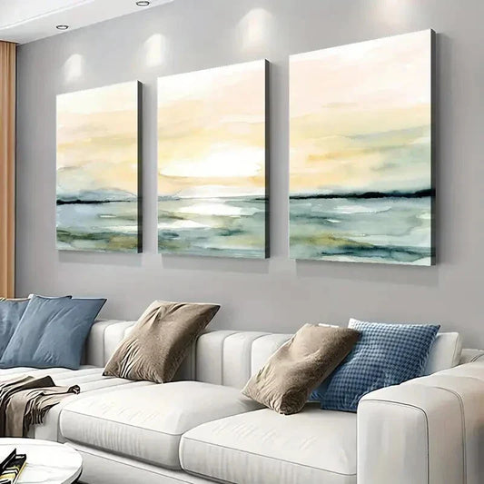 3pcs Sunrise Sunset Beach Ocean Abstract Wall Art Set Canvas Framed 40x60cm - High Quality Print 100% Australian Made Wall Canvas Ready to Hang