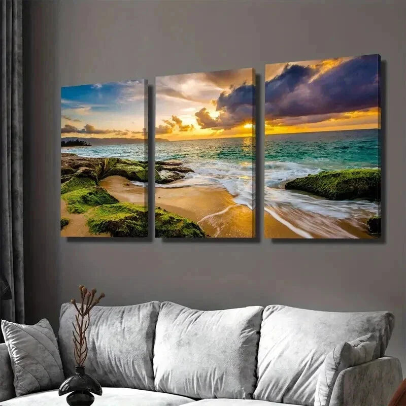 3pcs Vibrant Ocean & Rocks Landscape Sunset Wall Art Set Canvas Framed 40x60cm - High Quality Print 100% Australian Made Wall Canvas Ready to Hang