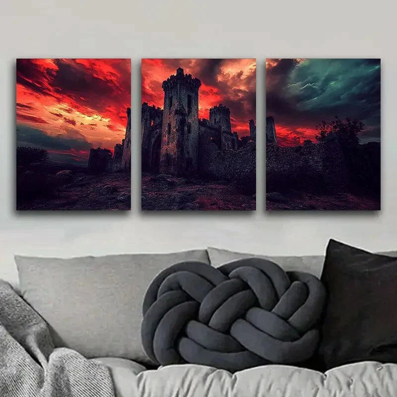 3pcs Dilapidated Castle Against a Crimson Sky Metal Print Ready to Hang Art