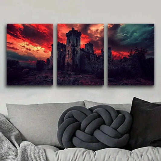 3pcs Dilapidated Castle Against a Crimson Sky Metal Print Ready to Hang Art
