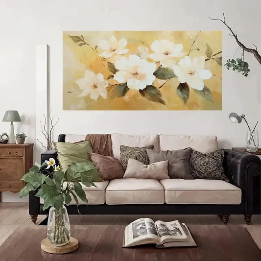White & Golden Floral Wall Art Canvas Office Home Room Framed 80x45cm
