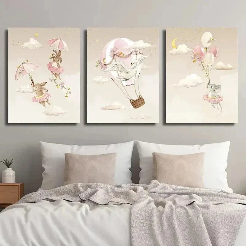 3pcs Swan Rabbit & Mouse on Hot Air Balloon Wall Art Set Canvas Framed 40x60cm - High Quality Print 100% Australian Made Wall Canvas Ready to Hang
