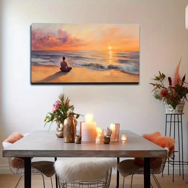Serene Beach Meditation Scene Wall Art Canvas Office Home Room Framed 120x60cm