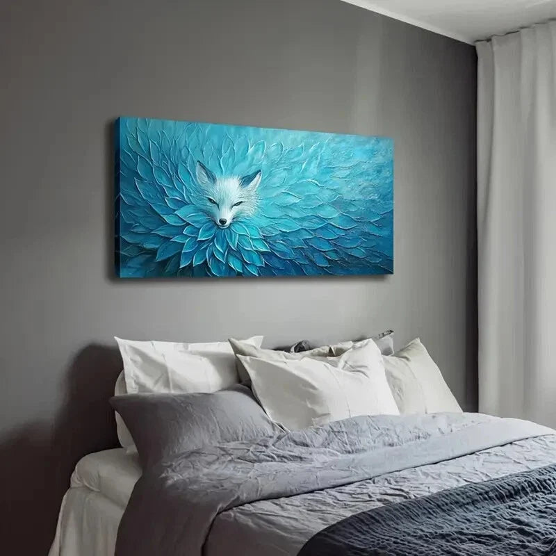 White Fox Blue Metallic Décor Wall Art Canvas Office Home Room Framed 120x60cm