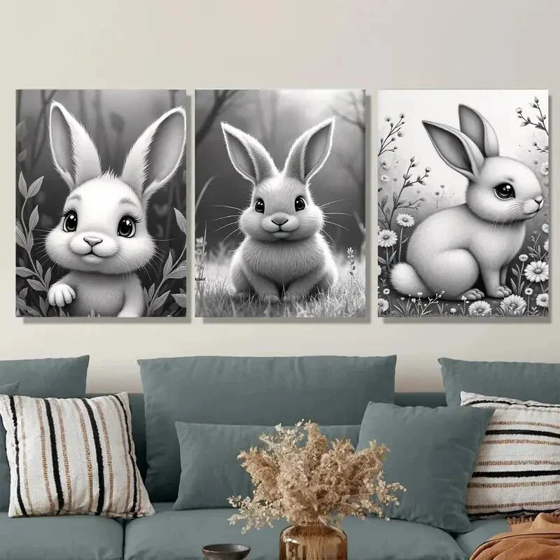 3pcs Adorable Bunny Black and White Rabbit Wall Art Set Canvas Framed 40x60cm - High Quality Print 100% Australian Made Wall Canvas Ready to Hang