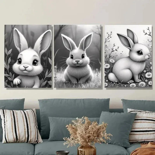 3pcs Adorable Bunny Black and White Rabbit Wall Art Set Canvas Framed 40x60cm - High Quality Print 100% Australian Made Wall Canvas Ready to Hang