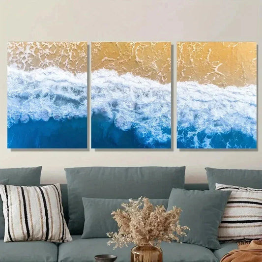 3pcs Coastal Ocean Wave Vibrant Blue & Golden Wall Art Set Canvas Framed 40x60cm - High Quality Print 100% Australian Made Wall Canvas Ready to Hang