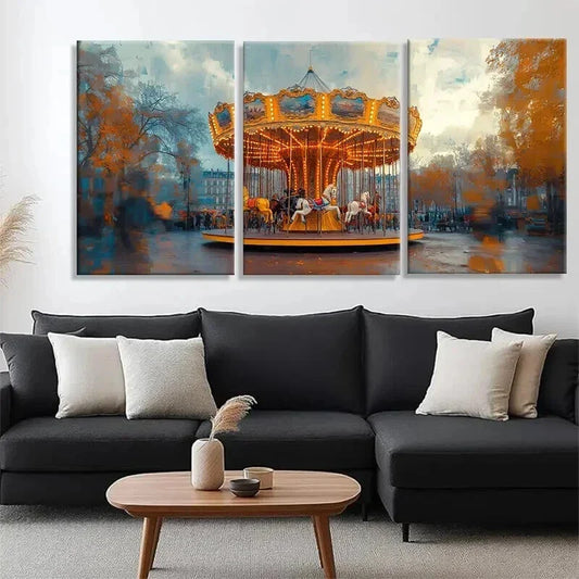 3pcs Vintage Carousel in Autumn Park Perfect Wall Art Set Canvas Framed 40x60cm - High Quality Print 100% Australian Made Wall Canvas Ready to Hang