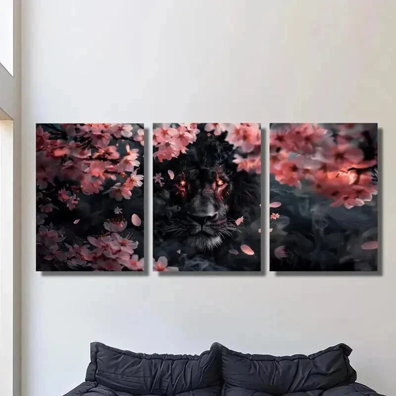3pcs Black Panther & Pink Cherry Blossom Wall Art Set Canvas Framed 40x60cm - High Quality Print 100% Australian Made Wall Canvas Ready to Hang