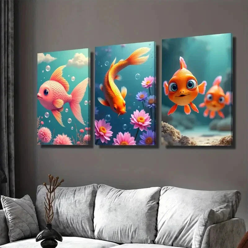 3pcs Underwater Scene with Pink Fish Orange Koi Wall Art Set Canvas Framed 40x60cm - High Quality Print 100% Australian Made Wall Canvas Ready to Hang