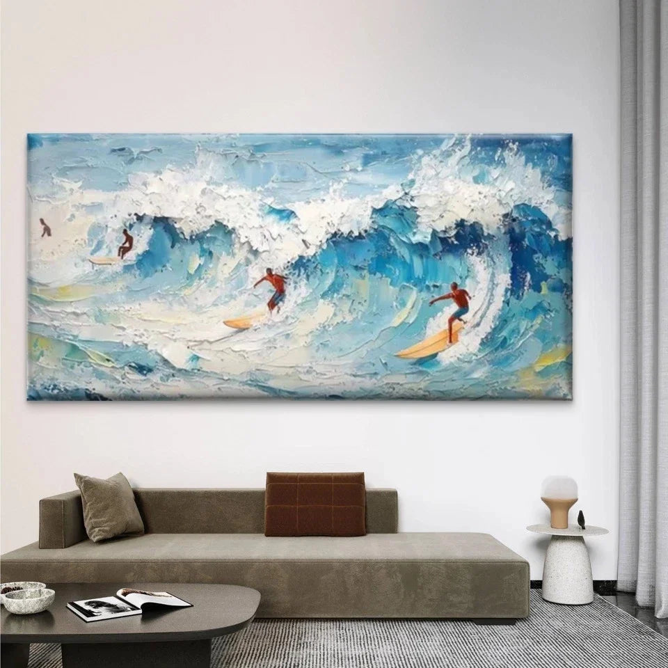 Surfers Riding Ocean Waves Wall Art Canvas Office Home Room Framed 120x60cm