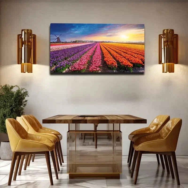 Vibrant Tulip Fields Wall Art Canvas Office Home Room Framed 80x45cm