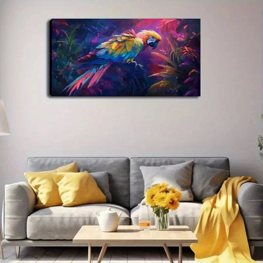 Vibrant Parrot with Tropical Wall Art canvas office home room framed 120x60cm