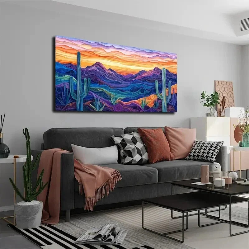 Desert Sunset Cacti & Mountains Wall Art Canvas Office Home Room Framed 120x60cm