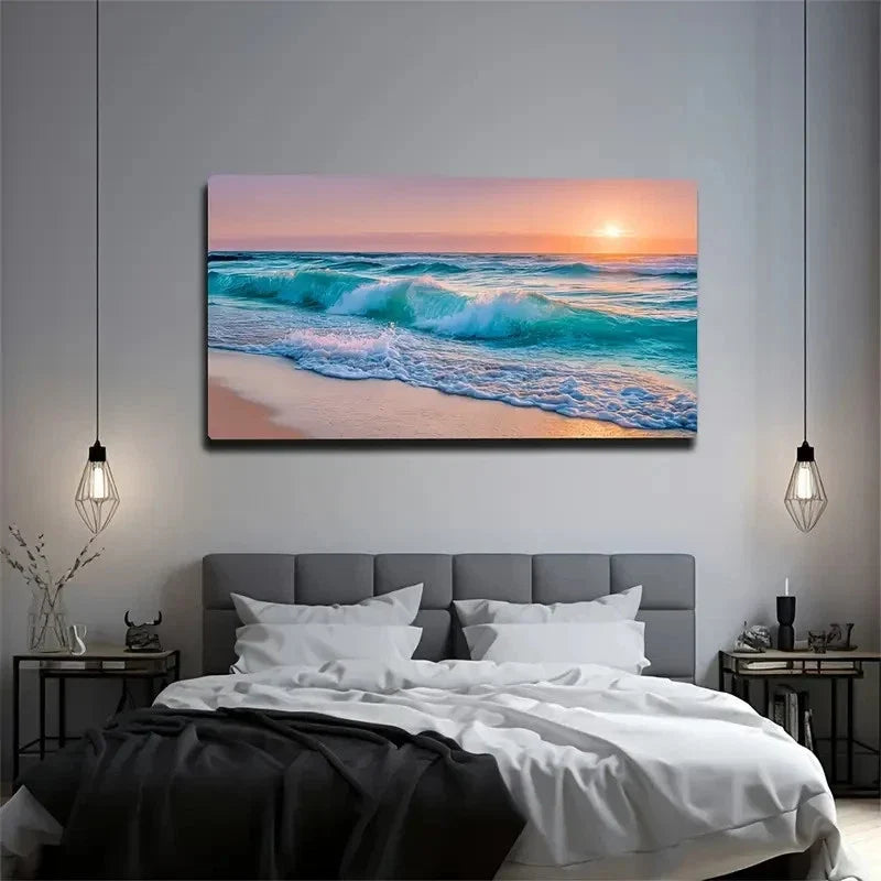 Ocean Waves Sunset Beach Scene Wall Art Canvas Office Home Room Framed 120x60cm