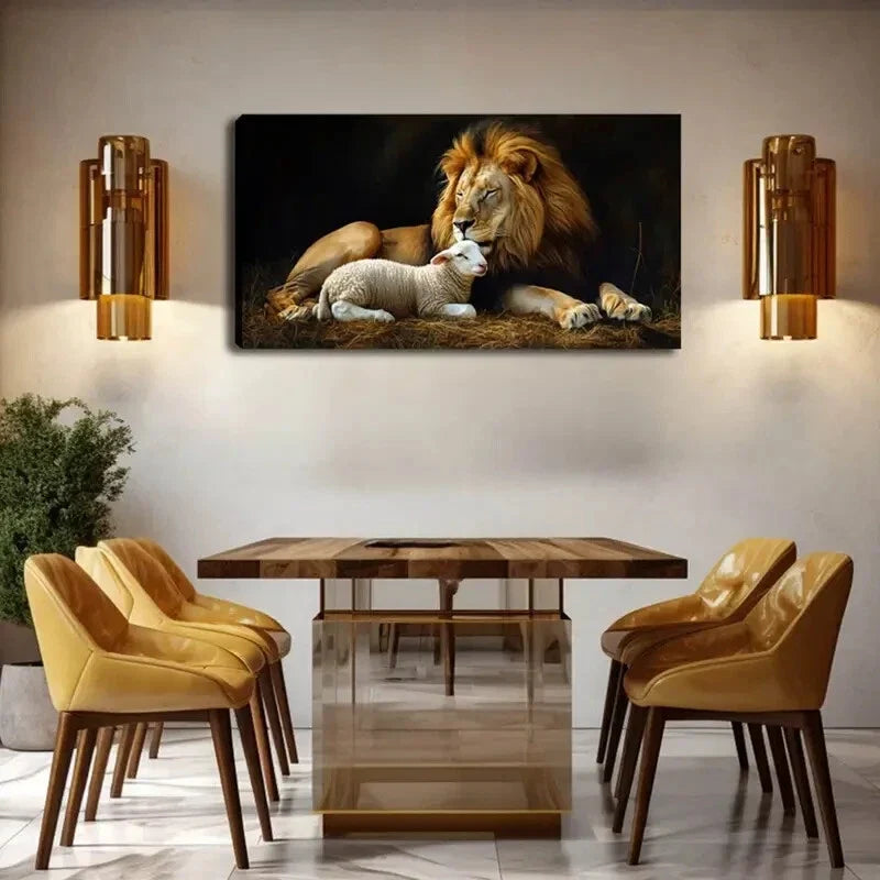 Realistic Lion and Lamb Scene Wall Art Canvas Office Home Room Framed 80x45cm