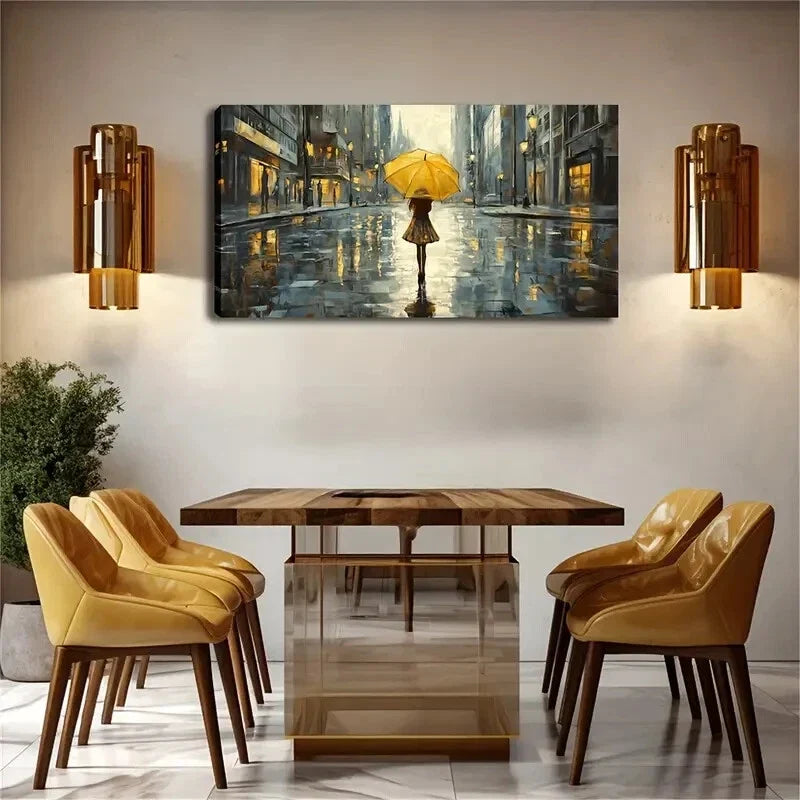 Realistic Rainy City Scene Girl Wall Art Canvas Office Home Room Framed 80x45cm