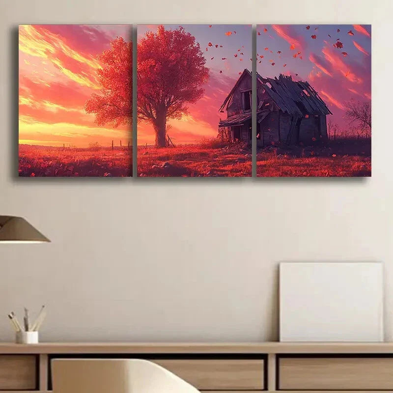 3pcs Rustic Dilapidated House Alone Sky Red Wall Art Set Canvas Framed 40x60cm - High Quality Print 100% Australian Made Wall Canvas Ready to Hang