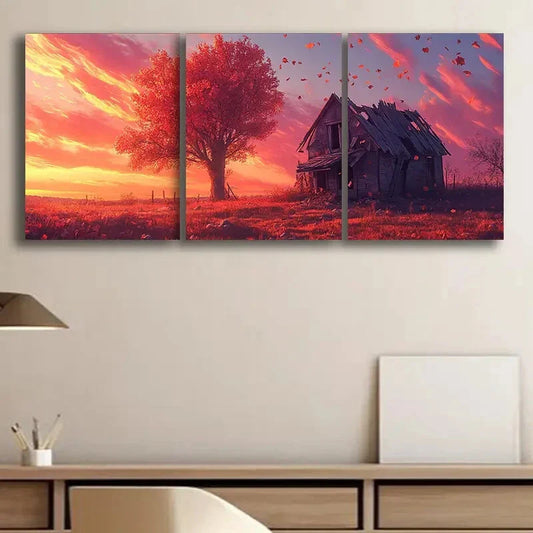 3pcs Rustic Dilapidated House Alone Sky Red Wall Art Set Canvas Framed 40x60cm - High Quality Print 100% Australian Made Wall Canvas Ready to Hang